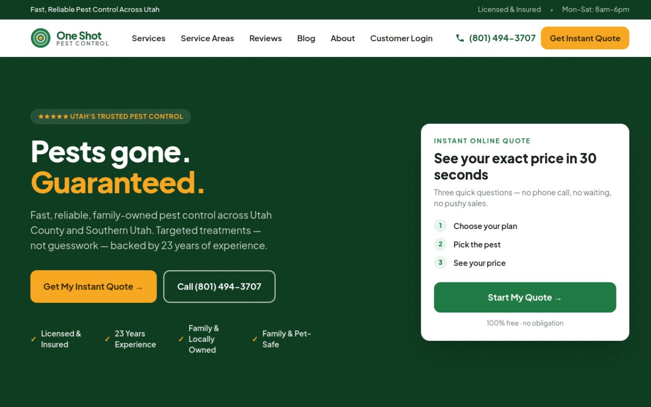 One Shot Pest Control website — Pests gone. Guaranteed.